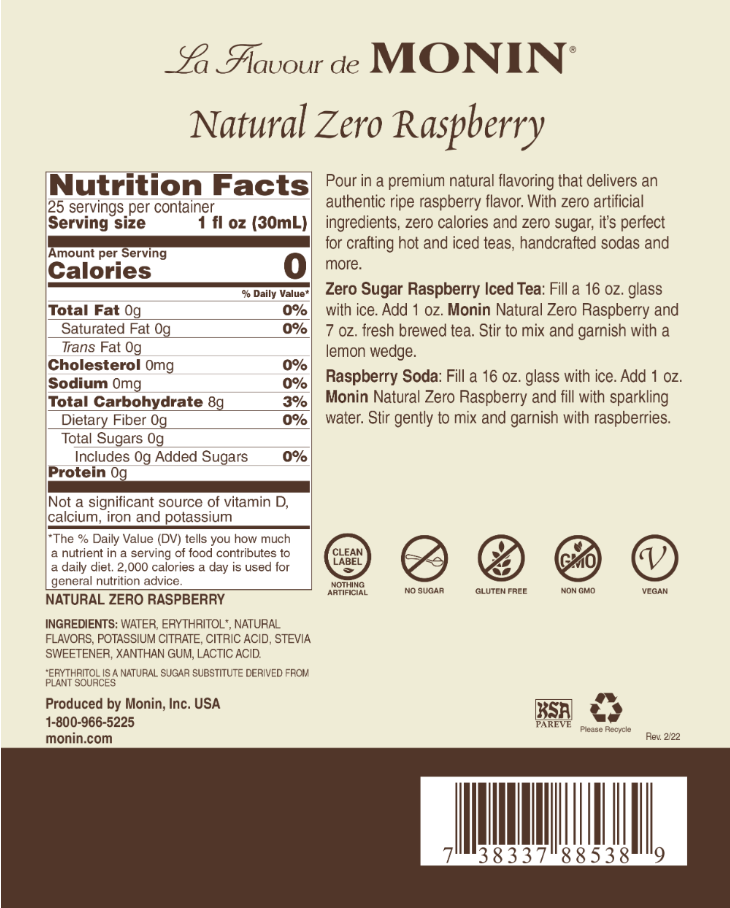 Monin Natural Zero Raspberry Syrup