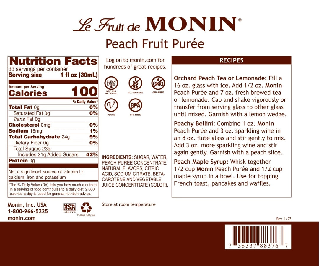 Monin Peach Puree Concentrate - 4 x 1L