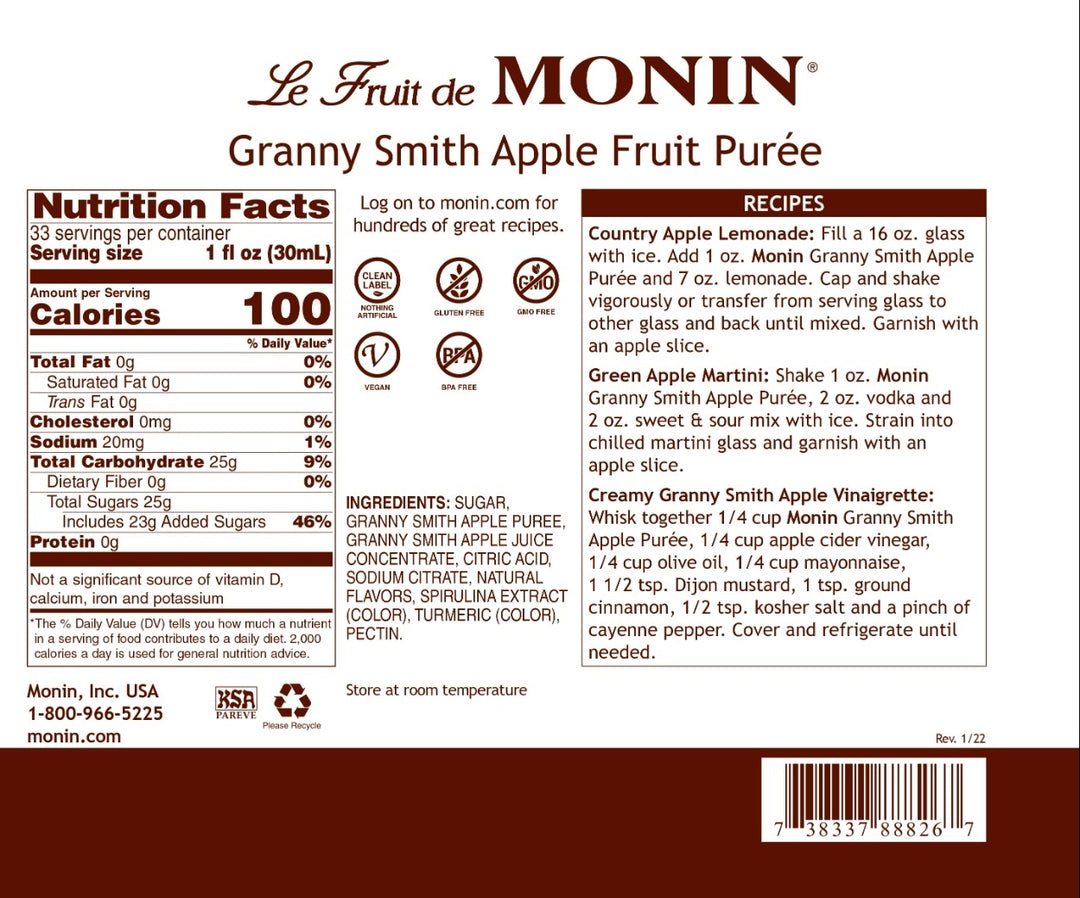Monin Granny Smith Apple Puree Concentrate - 4 x 1L
