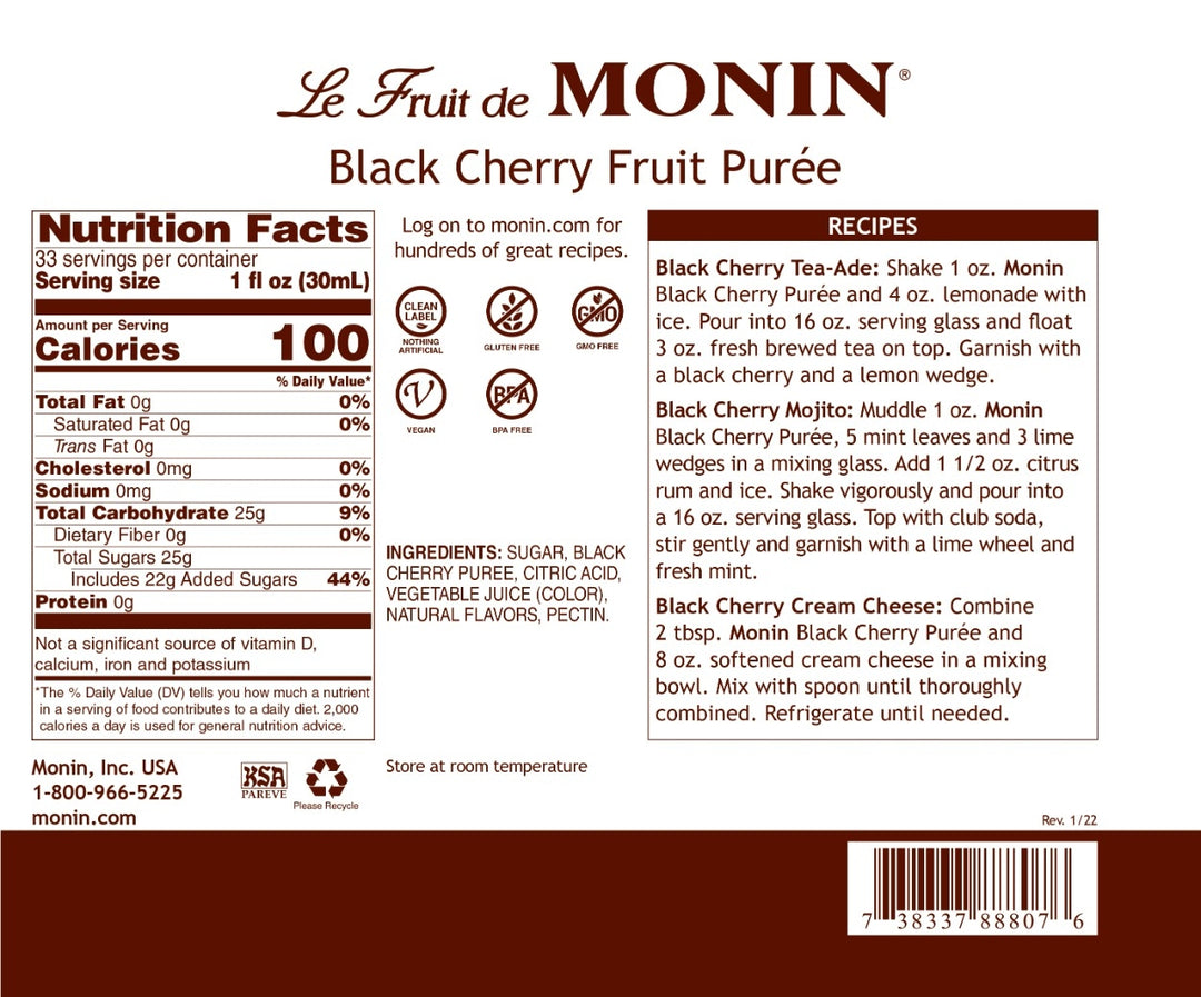 Monin Black Cherry Puree Concentrate - 4 x 1L
