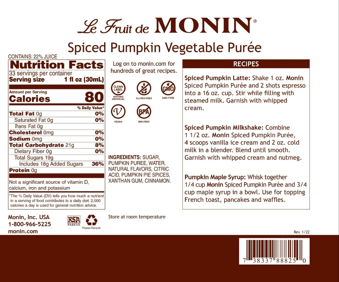 Monin Spiced Pumpkin Puree Concentrate - 4 x 1L