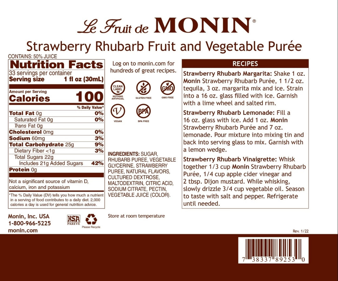 Monin Strawberry Rhubarb Puree Concentrate - 4 x 1L