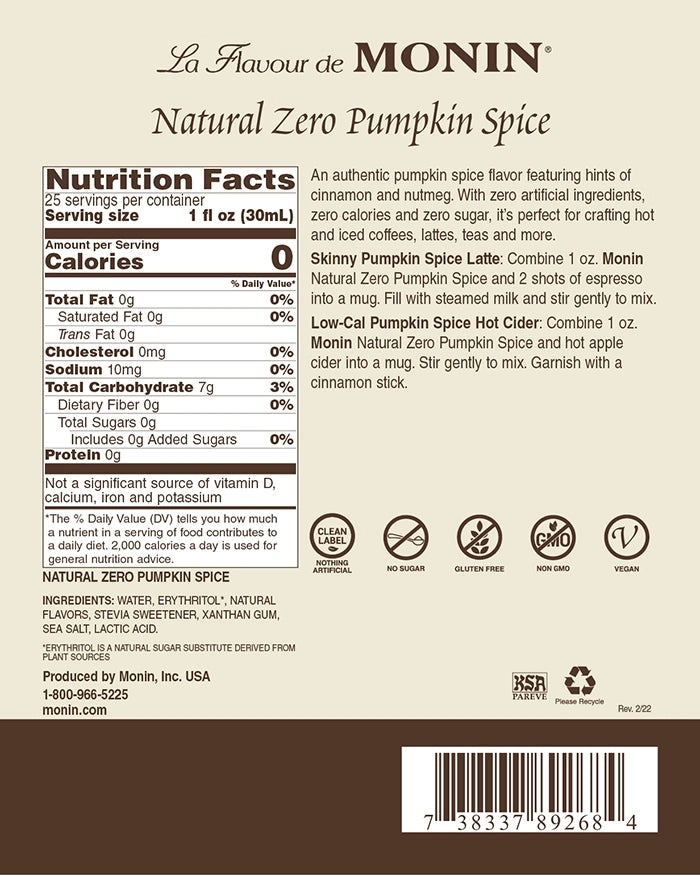 Monin Natural Zero Pumpkin Spice Syrup
